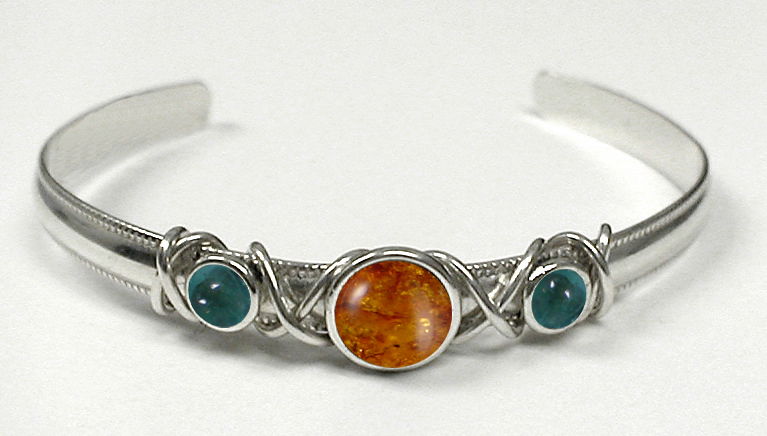 Sterling Silver Hand Made Cuff Bracelet With Amber And Fluorite